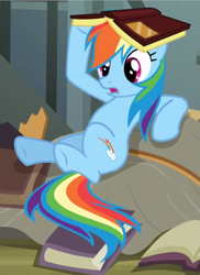 Size: 621x853 | Tagged: safe, derpibooru import, screencap, rainbow dash, pegasus, pony, daring don't, book, book on head, cropped, female, lying down, mare, open mouth