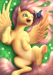 Size: 1860x2630 | Tagged: safe, artist:bluespaceling, fluttershy, butterfly, pegasus, pony, behaving like a dog, belly button, cute, detailed, featureless crotch, female, grass, happy, mare, on back, shyabetes, solo, underhoof