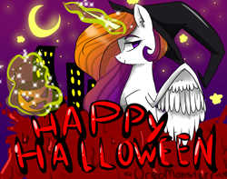 Size: 1792x1411 | Tagged: safe, artist:oreomonsterr, princess celestia, alicorn, pony, glowing horn, halloween, hat, jack-o-lantern, magic, moon, night, nightmare night, pumpkin, pumpkin bucket, solo, telekinesis, witch hat