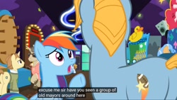 Size: 1920x1080 | Tagged: safe, derpibooru import, edit, edited screencap, screencap, rainbow dash, pegasus, pony, grannies gone wild, butt, caption, mayor, meme, plot, youtube caption