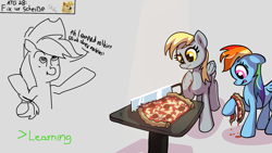 Size: 1920x1080 | Tagged: safe, artist:ponyhell, applejack, derpy hooves, rainbow dash, earth pony, pegasus, pony, >implying, atg 2020, doge, food, i didn't learn anything, i just don't know what went wrong, newbie artist training grounds, pizza, saw, shibe, underp, vulgar, wat