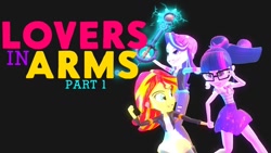 Size: 1024x576 | Tagged: safe, artist:lanceolleyfrie, sci-twi, starlight glimmer, sunset shimmer, twilight sparkle, series:lovers in arms, better together, equestria girls, 3d, beanie, black background, bowtie, clothes, female, geode of telekinesis, glasses, gmod, hat, holding hands, jacket, keyblade, kingdom hearts, leather jacket, lesbian, magical geodes, pants, ponytail, scitwishimmer, shipping, shirt, simple background, skirt, sunsetsparkle, torn clothes, vest, youtube link in the description, youtube thumbnail