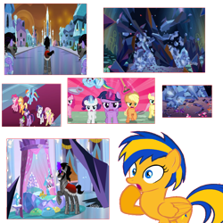 Size: 1074x1074 | Tagged: safe, artist:mlpfan3991, derpibooru import, edit, edited screencap, screencap, applejack, fluttershy, king sombra, pinkie pie, princess flurry heart, rainbow dash, rarity, spike, twilight sparkle, twilight sparkle (alicorn), oc, oc:flare spark, alicorn, dragon, earth pony, pegasus, pony, unicorn, the beginning of the end, shocked, shovel, simple background, transparent background, tree of harmony, trowel