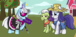 Size: 900x442 | Tagged: safe, artist:tambelon, granny smith, photo finish, rarity, pony, unicorn, convention, female, mare, ponyville ciderfest, tabitha st. germain