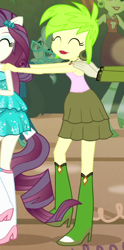 Size: 350x706 | Tagged: safe, screencap, cherry crash, rarity, rose heart, silver spoon, equestria girls, equestria girls (movie), boots, cropped, ear piercing, earring, eyes closed, fall formal, fall formal outfits, glasses, hands on shoulder, high heel boots, jewelry, piercing, ponied up, sparkles, streamers, this is our big night