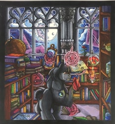 Size: 1190x1280 | Tagged: safe, artist:nightmare-moons-throneroom, derpibooru import, king sombra, pony, unicorn, book, bookshelf, bottle, candle, commission, crying, crystal, cutie mark, flower, flower pot, globe, glowing horn, hourglass, jewelry, library, magic, male, mare in the moon, moon, necklace, rose, scroll, solo, sombra's cutie mark, stallion, telekinesis, traditional art, window
