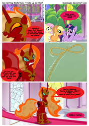 Size: 752x1063 | Tagged: safe, artist:teammagix, applejack, fluttershy, princess celestia, twilight sparkle, twilight sparkle (alicorn), alicorn, earth pony, pegasus, pony, comic:sun setting misfortune, comic, lasso, nightmare sunset, possessed, possesstia