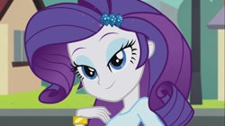 Size: 1100x618 | Tagged: safe, screencap, rarity, equestria girls, player piano, rainbow rocks, lidded eyes, looking at you, smiling, solo