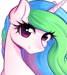 Size: 800x891 | Tagged: safe, artist:fluffymaiden, princess celestia, alicorn, pony, bust, cute, cutelestia, ear fluff, looking at you, missing accessory, portrait, simple background, smiling, solo, white background
