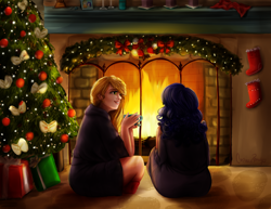 Size: 1324x1024 | Tagged: safe, artist:cosmicponye, applejack, rarity, human, christmas tree, female, fireplace, hearth's warming eve, humanized, lesbian, rarijack, shipping, tree