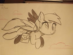 Size: 817x613 | Tagged: safe, artist:taurson, derpy hooves, pegasus, pony, bag, cloud, cute, derpabetes, female, flying, mare, marker drawing, monochrome, saddle bag, solo, traditional art