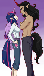 Size: 1000x1718 | Tagged: safe, artist:fuufuucuddles, derpibooru import, king sombra, twilight sparkle, twilight sparkle (alicorn), alicorn, human, clothes, duo, elf ears, female, horned humanization, humanized, intimidating, male, shipping, simple background, straight, tailed humanization, transparent background, twibra, winged humanization, wings