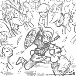 Size: 800x800 | Tagged: safe, artist:johnjoseco, scootaloo, biting, cucco, feather, flock, grayscale, link, monochrome, multeity, nintendo, scootachicken, scootaloo can fly, scootalots, the legend of zelda, tongue out