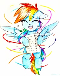 Size: 1337x1687 | Tagged: safe, artist:liaaqila, derpibooru import, rainbow dash, pegasus, pony, a, crying, cute, dashabetes, grades, simple background, solo, straight a's, tears of joy, traditional art, white background, wings