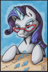 Size: 570x855 | Tagged: safe, artist:stormblaze-pegasus, rarity, pony, unicorn, female, glasses, glowing horn, magic, mare, sewing, sewing needle, simple background, smiling, solo, traditional art