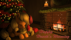 Size: 1133x636 | Tagged: safe, artist:sorcerushorserus, apple bloom, applejack, earth pony, pony, adorabloom, christmas tree, cute, fireplace, hearth's warming eve, prone, sleeping, tree