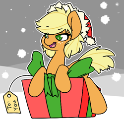 Size: 500x500 | Tagged: safe, artist:koportable, applejack, earth pony, pony, alternate hairstyle, applejackasks, hat, present, santa hat