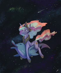 Size: 3000x3600 | Tagged: safe, artist:docwario, princess celestia, alicorn, dolphin, pony, looking at you, space, wat, wide eyes