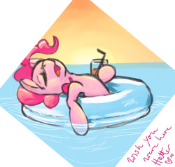 Size: 1174x1117 | Tagged: safe, artist:whale, pinkie pie, earth pony, pony, cup, drink, floating, floaty, holding, inner tube, open mouth, photo, picture, sleeping, solo, straw, water