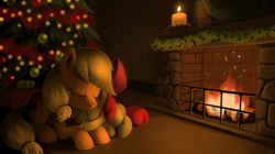 Size: 1133x636 | Tagged: safe, artist:sorcerushorserus, apple bloom, applejack, earth pony, pony, adorabloom, applebetes, christmas tree, cute, fireplace, hearth's warming eve, jackabetes, prone, sleeping, tree