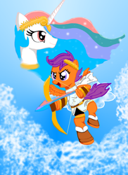 Size: 2550x3507 | Tagged: safe, artist:jadethemobian, princess celestia, scootaloo, alicorn, pony, crossover, kid icarus, kid icarus: uprising, nintendo, palutena, pit (kid icarus), scootaloo can fly