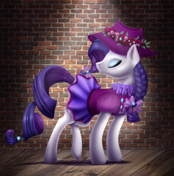 Size: 3866x3900 | Tagged: safe, artist:ellen124, rarity, pony, unicorn, alternate hairstyle, braid, clothes, dress, eyes closed, hat, ruff (clothing), solo, spotlight, wall