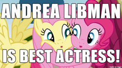 Size: 610x342 | Tagged: safe, fluttershy, pinkie pie, earth pony, pegasus, pony, andrea libman, image macro, meme, voice actor