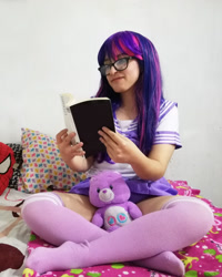 Size: 768x960 | Tagged: safe, artist:ribbonbell, twilight sparkle, human, bed, book, care bears, clothes, cosplay, costume, irl, irl human, long socks, photo, plushie, reading, sailor uniform, share bear, socks, solo, thigh highs, uniform