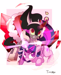 Size: 2480x3066 | Tagged: safe, artist:tingsan, derpibooru import, king sombra, twilight sparkle, twilight sparkle (alicorn), alicorn, pony, unicorn, angry, armor, cape, clothes, crystal, dark magic, dust, female, magic, male, shipping, signature, sombra eyes, straight, twibra