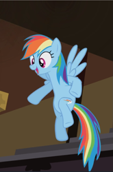 Size: 621x942 | Tagged: safe, derpibooru import, screencap, rainbow dash, pegasus, pony, rarity takes manehattan, cropped, female, flying, mare, open mouth, raised hoof, smiling, spread wings, underhoof, wings