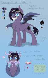 Size: 1002x1604 | Tagged: safe, artist:ravenpuff, derpibooru import, oc, oc:puffy, bat pony, pony, female, goggles, mare, reference sheet, solo, tentacles
