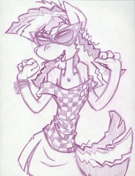 Size: 850x1100 | Tagged: safe, artist:trollie trollenberg, cheerilee, anthro, earth pony, 80s, 80s cheerilee, braces, clothes, monochrome, skirt, solo, sunglasses, traditional art