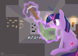 Size: 1024x740 | Tagged: safe, artist:m2mcgrath, derpibooru import, twilight sparkle, twilight sparkle (alicorn), alicorn, pony, book, female, magic, mare, minecraft, pickaxe, solo