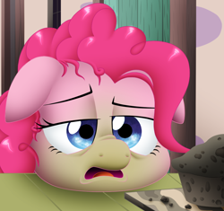 Size: 838x788 | Tagged: safe, artist:snowzahedghog, pinkie pie, earth pony, pony, the cutie map, baked bads, female, floppy ears, green face, mare, muffin, nauseous, scene interpretation, winnie the pink
