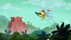 Size: 1920x1080 | Tagged: safe, derpibooru import, screencap, daring do, rainbow dash, pegasus, pony, stranger than fan fiction, clothes, duo, faic, female, hat, jungle, mare, pith helmet, temple