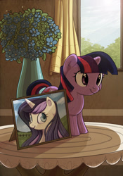 Size: 1024x1463 | Tagged: safe, artist:locksto, artist:meaninglessspine, derpibooru import, twilight sparkle, oc, flower, picture, picture frame, plushie, smiling, table, twilight sparkle plushie, window