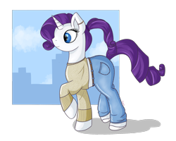 Size: 1664x1330 | Tagged: safe, artist:lemanda, rarity, pony, unicorn, clothes, jeans, midriff, pants, ponytail, short shirt, simple background, solo, transparent background