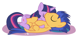 Size: 990x495 | Tagged: safe, artist:dm29, derpibooru import, flash sentry, twilight sparkle, twilight sparkle (alicorn), alicorn, pony, cuddling, cute, female, flashlight, julian yeo is trying to murder us, male, mare, on back, shipping, simple background, sleeping, snuggling, straight, transparent background