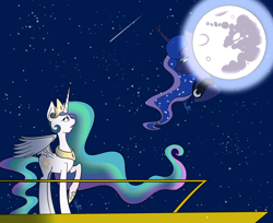 Size: 1850x1510 | Tagged: safe, artist:darkstardrawing, princess celestia, princess luna, alicorn, pony, balcony, crying, female, frown, full moon, gritted teeth, hoof shoes, jewelry, lidded eyes, lonely, looking at each other, looking down, looking up, mare, mare in the moon, moon, night, open mouth, peytral, raised hoof, regalia, royal sisters, sad, shooting star, shooting stars, smiling, solo, spread wings, stars, teary eyes, tiara