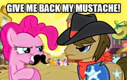 Size: 540x342 | Tagged: safe, pinkie pie, sheriff silverstar, earth pony, pony, appleloosa, eye contact, fake moustache, frown, glare, grin, image macro, meme, moustache, ponka po, smirk, unamused