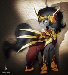 Size: 1302x1440 | Tagged: safe, artist:zidanemina, derpibooru import, king sombra, pony, unicorn, armor, colored, colored sketch, crossover, curved horn, horn, looking back, male, saint seiya, scar, signature, sketch, solo, spikes, stallion