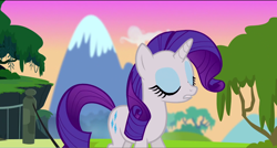 Size: 1360x730 | Tagged: safe, screencap, rarity, pony, unicorn, castle mane-ia, eyes closed, mountain, solo, sunset, tree