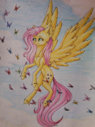 Size: 1536x2048 | Tagged: safe, artist:kiracrush747, fluttershy, butterfly, pegasus, pony, flying, solo, traditional art, unshorn fetlocks