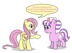 Size: 500x364 | Tagged: artist needed, safe, fluttershy, nurse sweetheart, earth pony, pegasus, pony, ask, duo female, female, mare, pregnant, simple background, white background