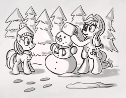 Size: 800x625 | Tagged: safe, artist:notlikelyanartist, apple bloom, applejack, earth pony, pony, bipedal, monochrome, snow, snowman, winter