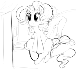 Size: 720x660 | Tagged: safe, artist:dotkwa, pinkie pie, oc, oc:anon, earth pony, human, pony, behaving like a dog, cute, female, looking at something, mare, monochrome, ponk, sitting, sitting on lap, sketch, smiling, sofa, solo focus, television, watching