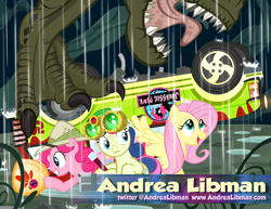 Size: 900x695 | Tagged: safe, artist:pixelkitties, bon bon, fluttershy, pinkie pie, sweetie drops, dinosaur, earth pony, pegasus, pony, tyrannosaurus rex, andrea libman, jurassic park, parody, pixelkitties' brilliant autograph media artwork, rexy