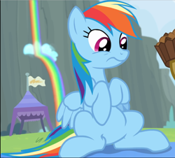 Size: 1038x940 | Tagged: safe, derpibooru import, screencap, rainbow dash, pegasus, pony, rainbow falls, apple brown betty (food), cropped, female, food, mare, rainbow waterfall, sitting, solo, wavy mouth