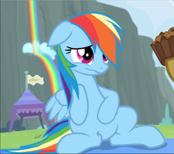 Size: 1057x940 | Tagged: safe, derpibooru import, screencap, rainbow dash, pegasus, pony, rainbow falls, bellyrubs, cropped, female, mare, rainbow waterfall, sitting, solo