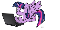 Size: 5943x2942 | Tagged: safe, artist:tim244, derpibooru import, twilight sparkle, twilight sparkle (alicorn), alicorn, pony, computer, female, frown, laptop computer, lenovo, mare, prone, simple background, solo, spread wings, thinkpad, transparent background, vector, why, wide eyes